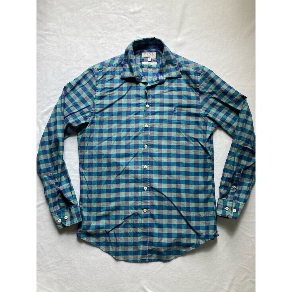 Thomas Pink Blue Plaid Check Embroidered Long Sleeve Button Up Shirt Mens Med